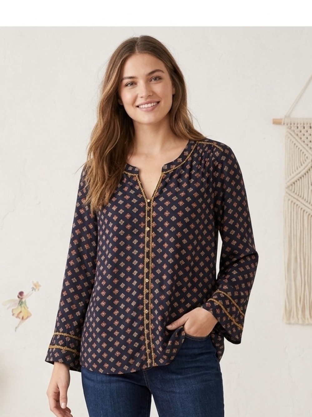 J. Jill Long Sleeve Viscose Boho Blouse Top Geometric India Grandma Navy Size XL